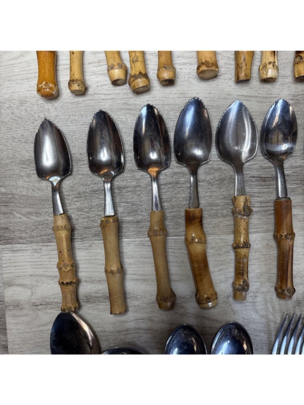 Vtg 29pc Bamboo Handle Flatware Silverware and Serving Pieces Stainless Japan - Picture 4 of 14